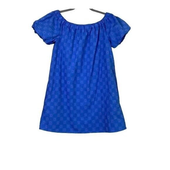 ZARA Off Shoulder Textured Eyelet Mini Sun Dress Balloon Sleeve Pockets M Blue - Picture 6 of 14